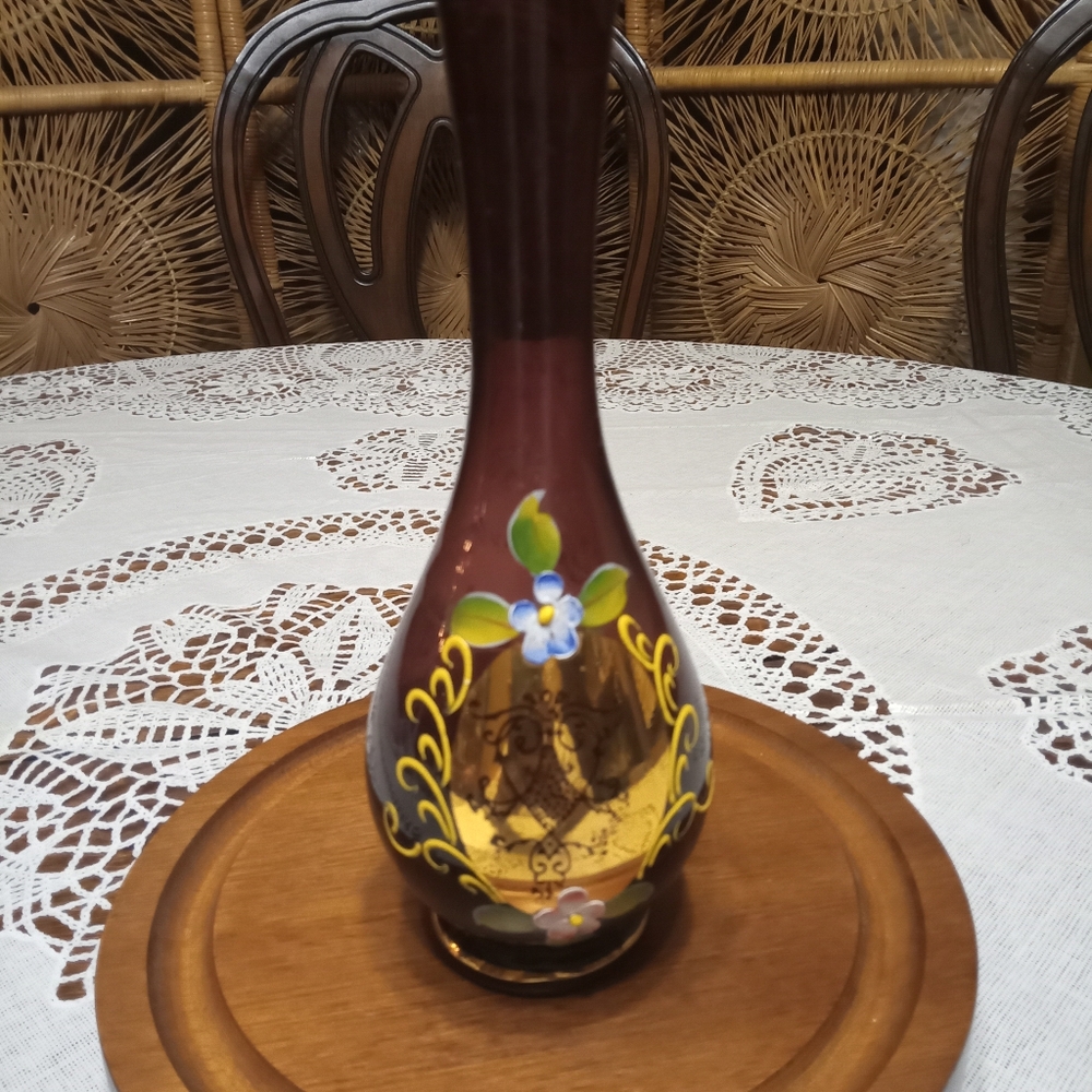 Nasco Japan Hand Painted Enameled Amethyst Glass Bud Vase